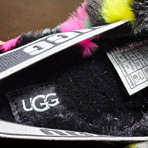 UGG Fluff Yeah Slide Sandal Women's Size 6 Checkered Faux Fur Black White Pink - Picture 11 of 13